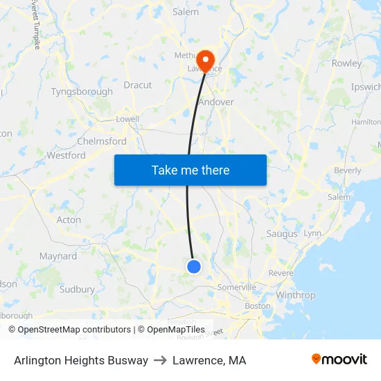 Arlington Heights Busway to Lawrence, MA map