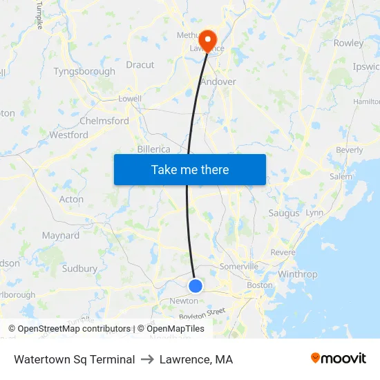 Watertown Sq Terminal to Lawrence, MA map