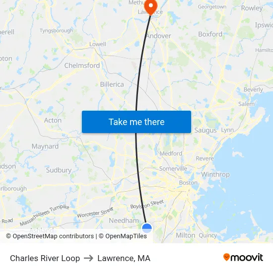Charles River Loop to Lawrence, MA map