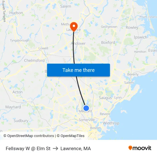 Fellsway W @ Elm St to Lawrence, MA map