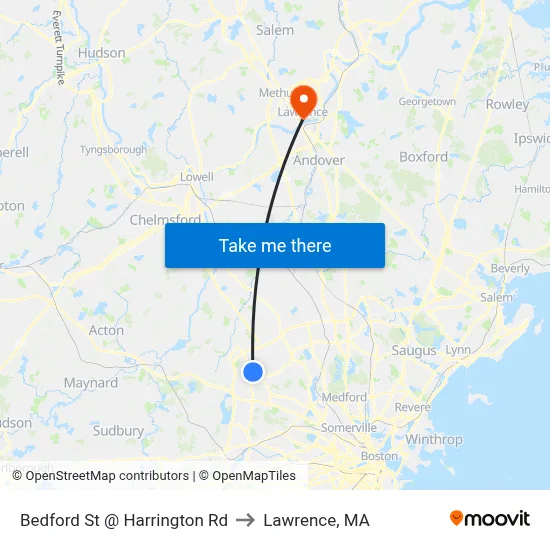 Bedford St @ Harrington Rd to Lawrence, MA map
