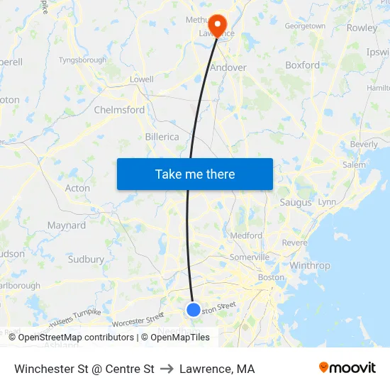 Winchester St @ Centre St to Lawrence, MA map