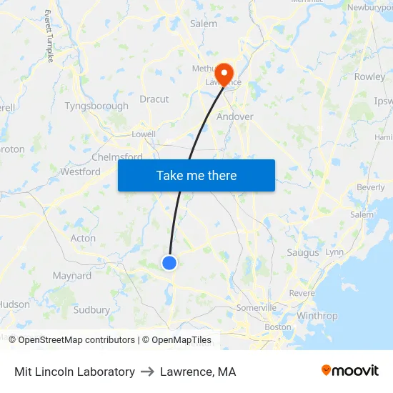 Mit Lincoln Laboratory to Lawrence, MA map