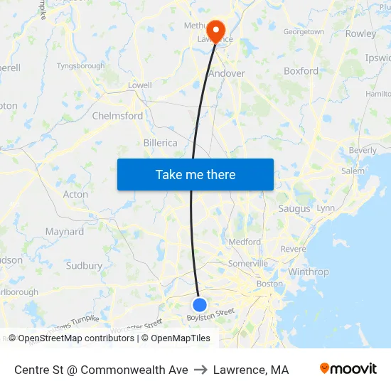 Centre St @ Commonwealth Ave to Lawrence, MA map