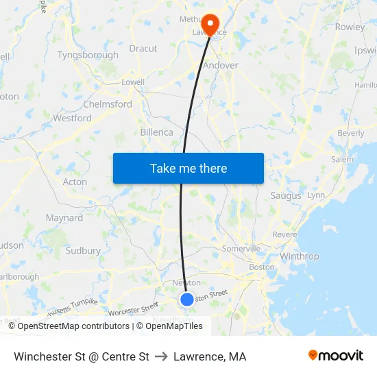 Winchester St @ Centre St to Lawrence, MA map