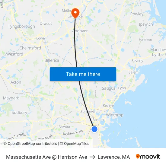 Massachusetts Ave @ Harrison Ave to Lawrence, MA map