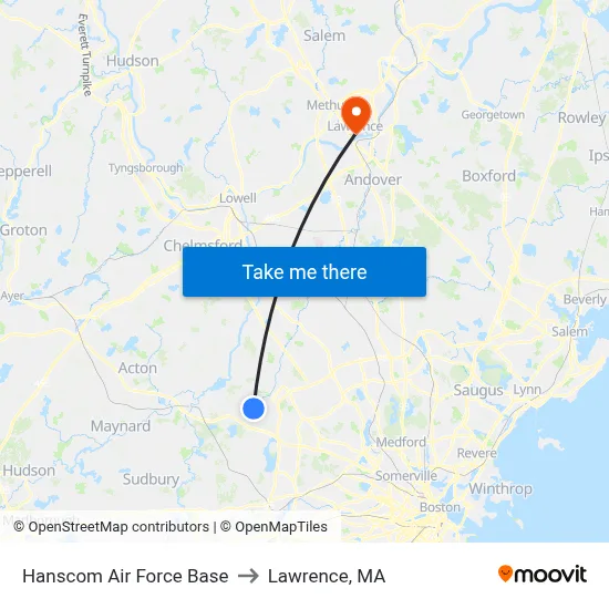 Hanscom Air Force Base to Lawrence, MA map