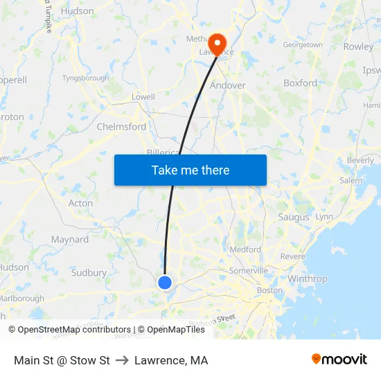 Main St @ Stow St to Lawrence, MA map