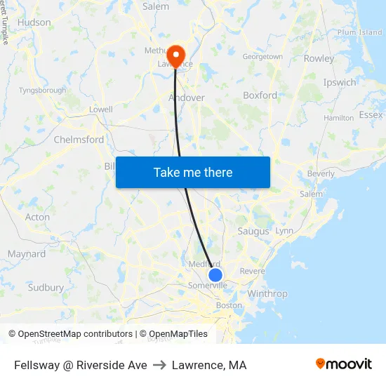 Fellsway @ Riverside Ave to Lawrence, MA map