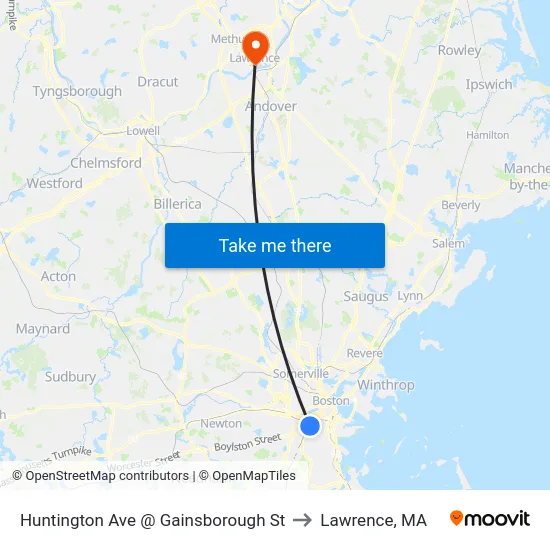 Huntington Ave @ Gainsborough St to Lawrence, MA map