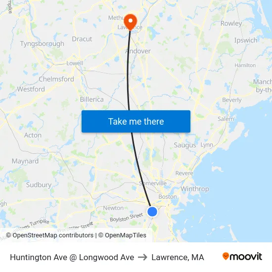 Huntington Ave @ Longwood Ave to Lawrence, MA map