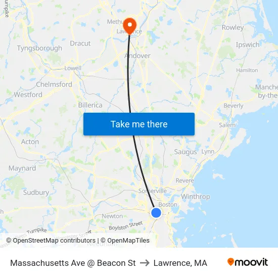 Massachusetts Ave @ Beacon St to Lawrence, MA map