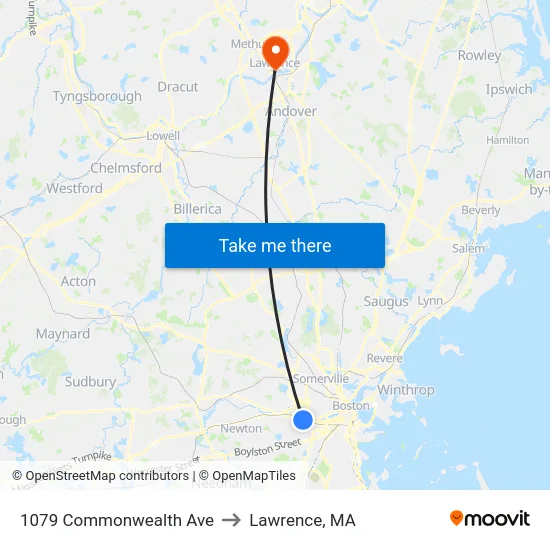 1079 Commonwealth Ave to Lawrence, MA map