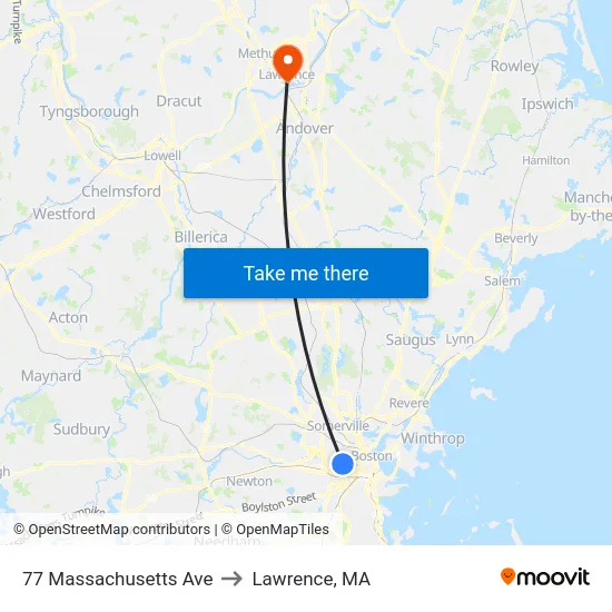 77 Massachusetts Ave to Lawrence, MA map