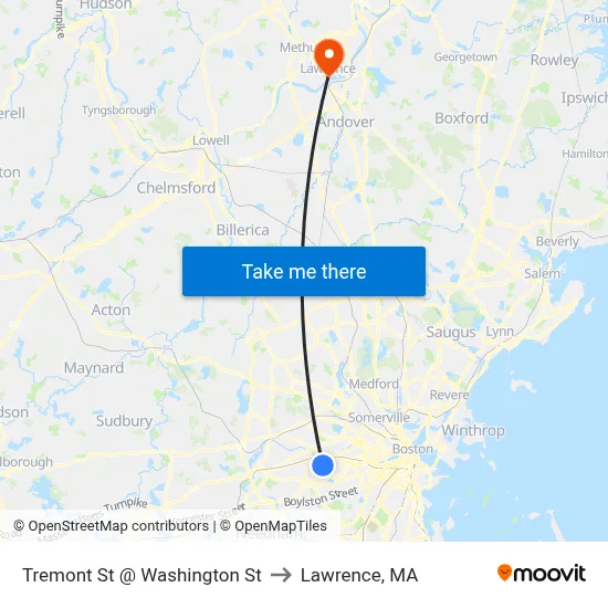 Tremont St @ Washington St to Lawrence, MA map