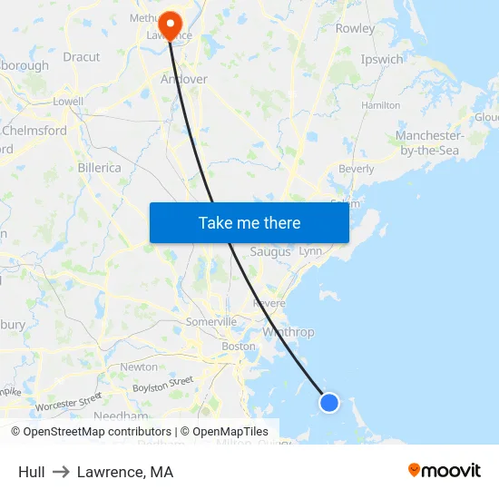 Hull to Lawrence, MA map