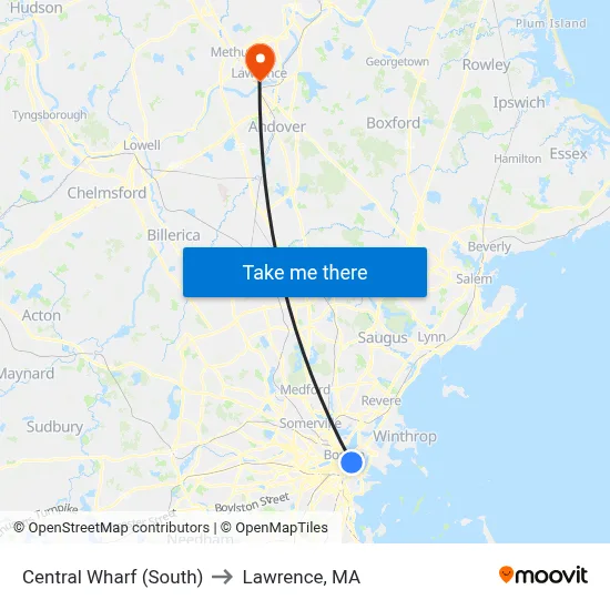 Central Wharf (South) to Lawrence, MA map