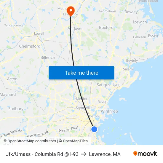 Jfk/Umass - Columbia Rd @ I-93 to Lawrence, MA map