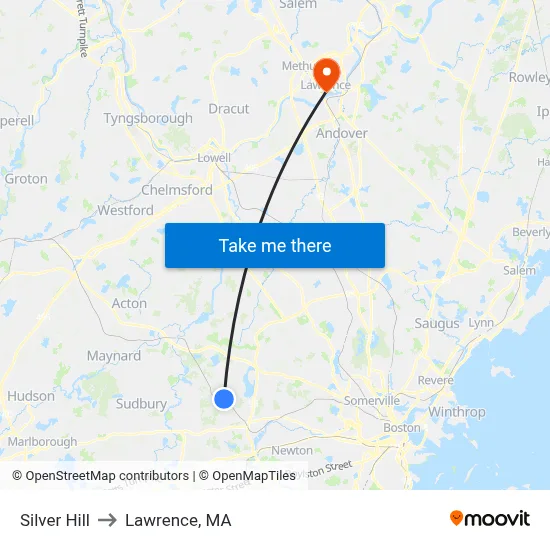 Silver Hill to Lawrence, MA map