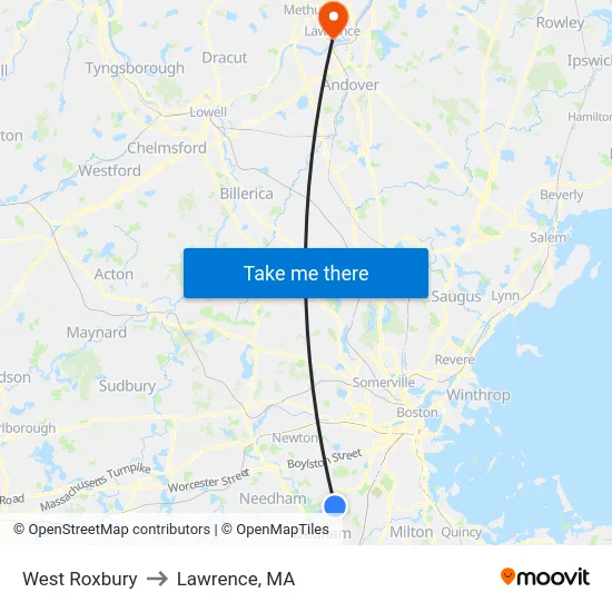West Roxbury to Lawrence, MA map