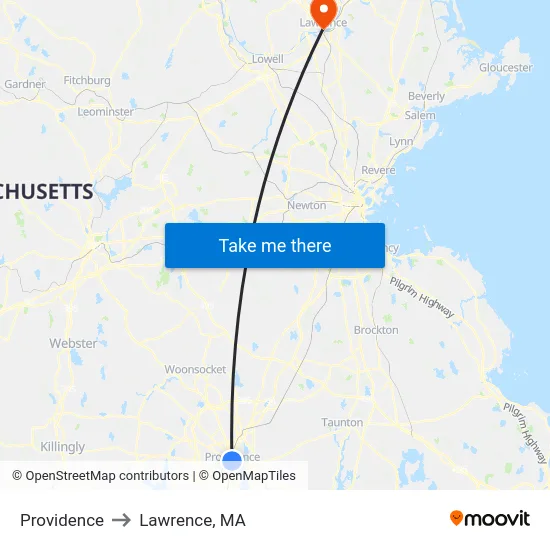 Providence to Lawrence, MA map