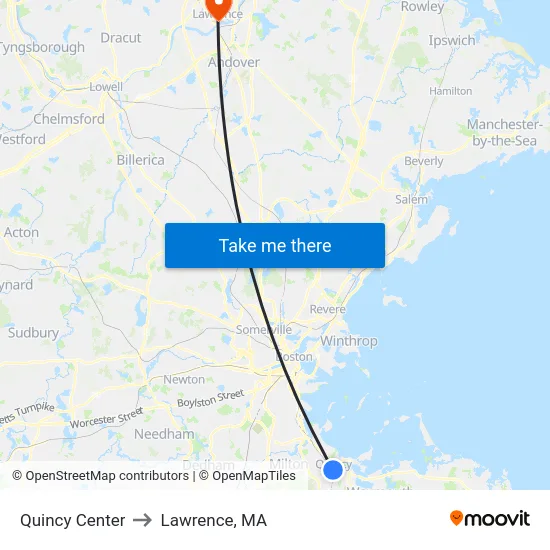 Quincy Center to Lawrence, MA map