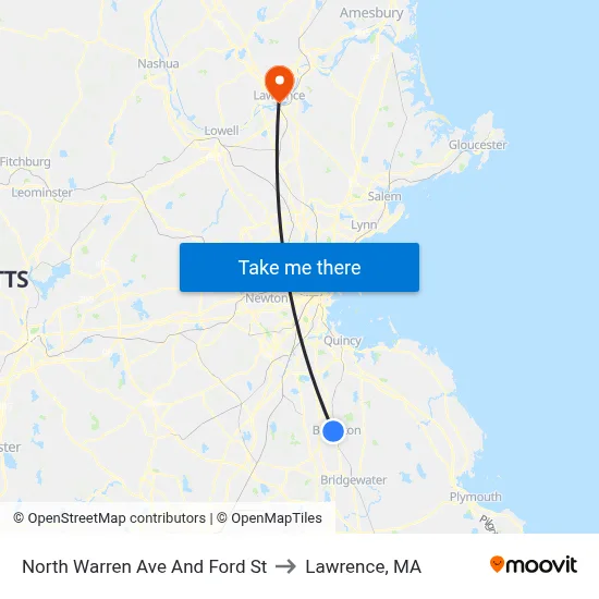 North Warren Ave And Ford St to Lawrence, MA map