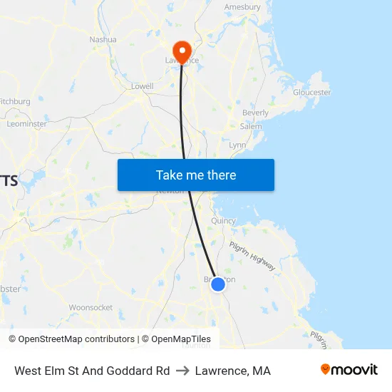 West Elm St And Goddard Rd to Lawrence, MA map