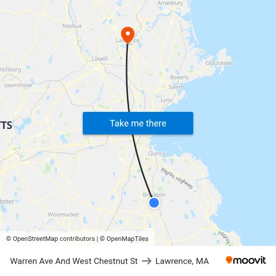 Warren Ave And West Chestnut St to Lawrence, MA map