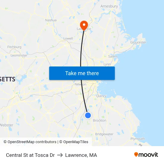 Central St at Tosca Dr to Lawrence, MA map