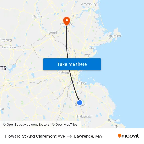 Howard St And Claremont Ave to Lawrence, MA map