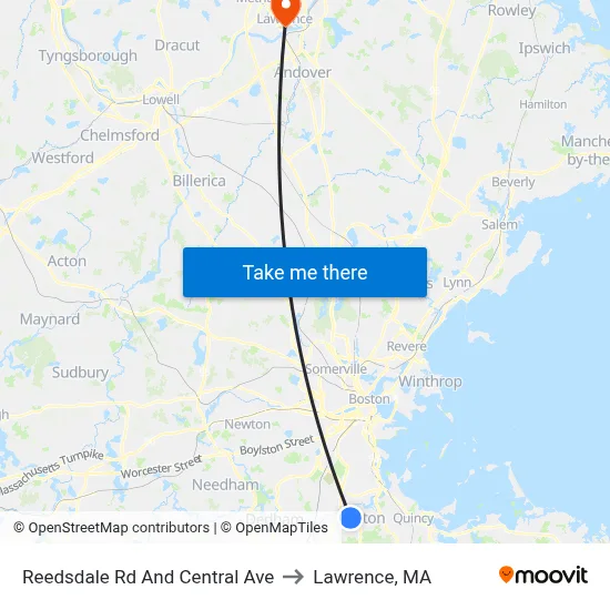 Reedsdale Rd And Central Ave to Lawrence, MA map