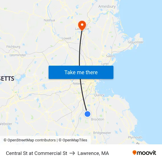 Central St at Commercial St to Lawrence, MA map