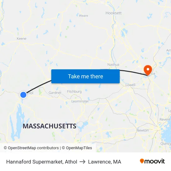 Hannaford Supermarket, Athol to Lawrence, MA map