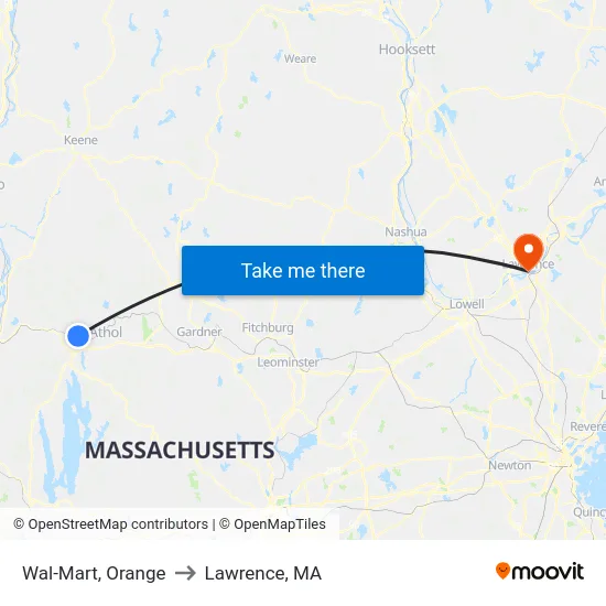 Wal-Mart, Orange to Lawrence, MA map