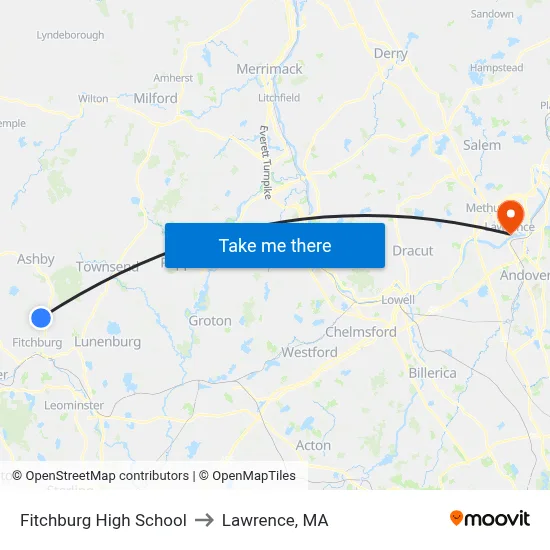 Fitchburg High School to Lawrence, MA map