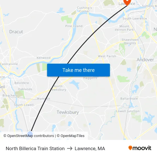 North Billerica Train Station to Lawrence, MA map