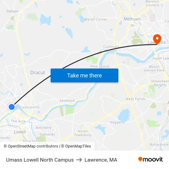 Umass Lowell North Campus to Lawrence, MA map