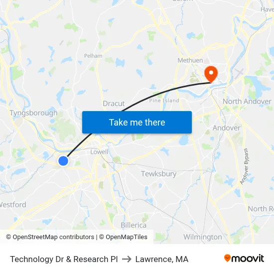 Technology Dr & Research Pl to Lawrence, MA map