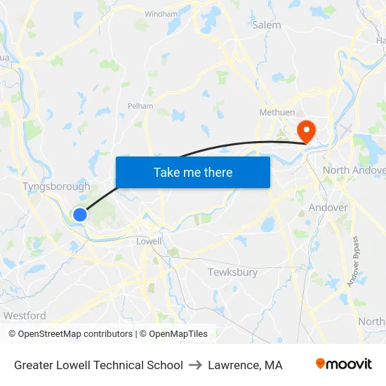 Greater Lowell Technical School to Lawrence, MA map