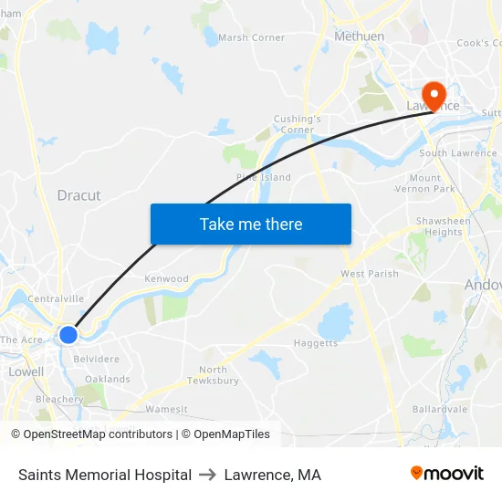 Saints Memorial Hospital to Lawrence, MA map