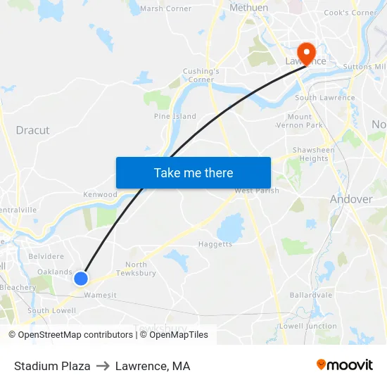 Stadium Plaza to Lawrence, MA map