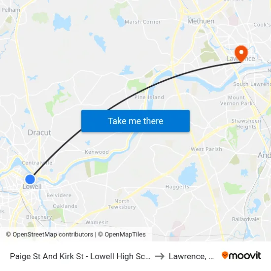 Paige St And Kirk St - Lowell High School to Lawrence, MA map