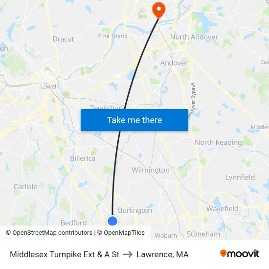 Middlesex Turnpike Ext & A St to Lawrence, MA map