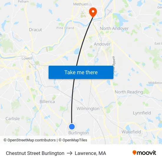 Chestnut Street Burlington to Lawrence, MA map
