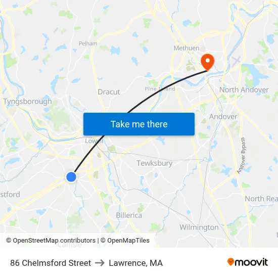 86 Chelmsford Street to Lawrence, MA map