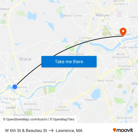 W 6th St & Beaulieu St to Lawrence, MA map