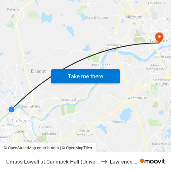 Umass Lowell at Cumnock Hall (University Ave) to Lawrence, MA map