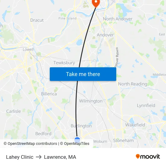 Lahey Clinic to Lawrence, MA map