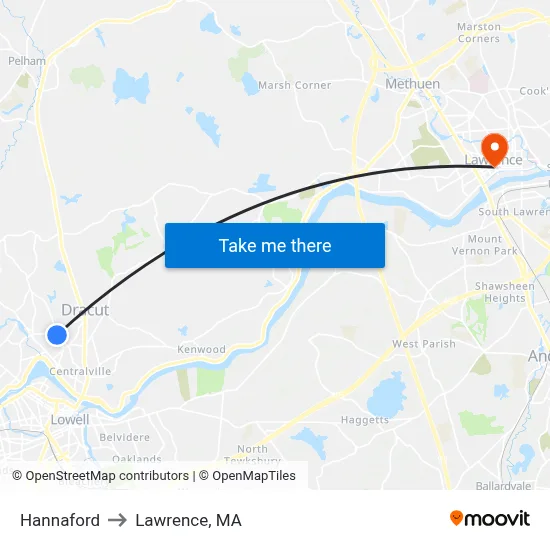 Hannaford to Lawrence, MA map